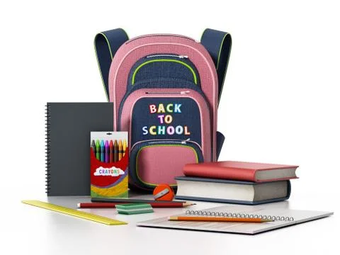 School backpack and objects isolated on white background. 3D illustration Stock Illustration