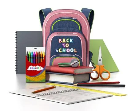 School backpack and objects isolated on white background. 3D illustration Stock Illustration