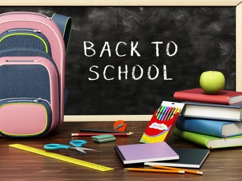 School backpack and objects scattered on the table. 3D illustration 库存插图