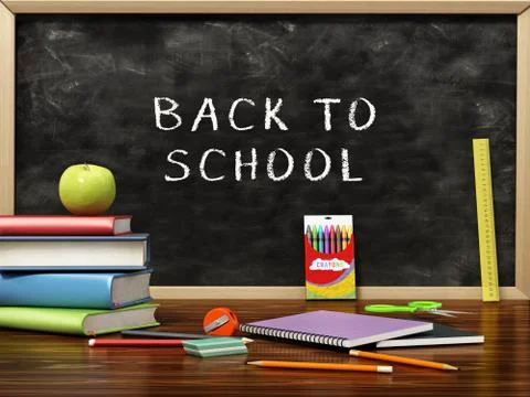 School backpack and objects scattered on the table. 3D illustration 库存插图