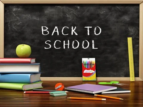 School backpack and objects scattered on the table. 3D illustration School... Stock Photos