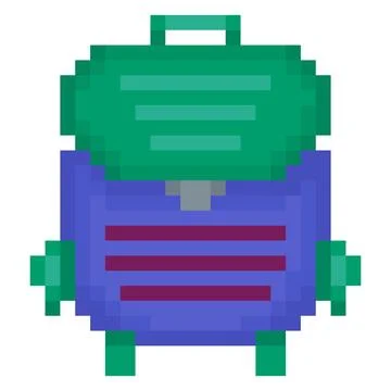School backpack bag student satchel pixel art style graphic green purple palette Stock Illustration