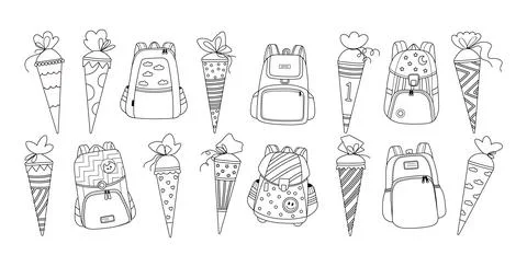 School backpack with candy cones for first grader.Vector line illustration Stock Illustration