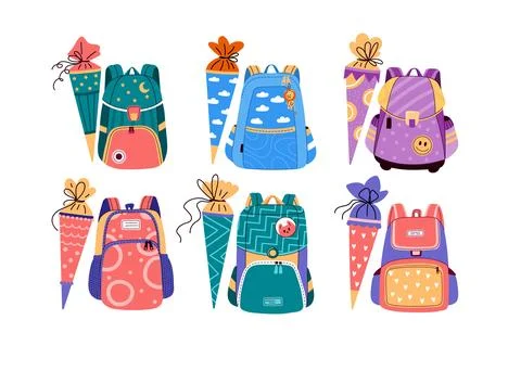 School backpack with candy cones for first grader.Vector cartoon illustration Stock Illustration