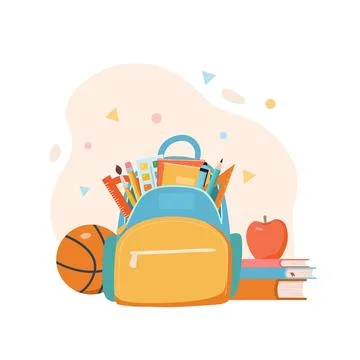 School backpack with education items. Stationary, books, ball and apple. Cart Stock Illustration