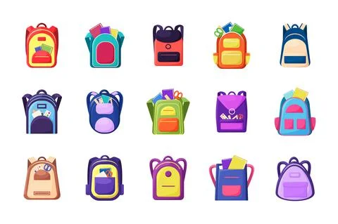 School backpack. Full study elements. Vector college or satchel , textbook, p 스톡 일러스트