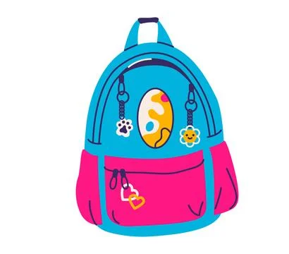 School backpack with keychains vector illustration, children bag isolated on Ilustración de archivo