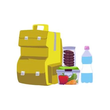 School backpack with lunch boxes and water bottle, cartoon flat vector Stock Illustration