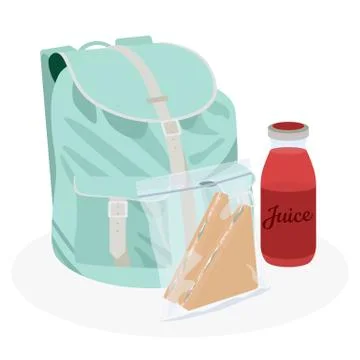 School backpack lunchbox set. Tomato juice and sandwiches in zip-pack. Healthy Stock Illustration