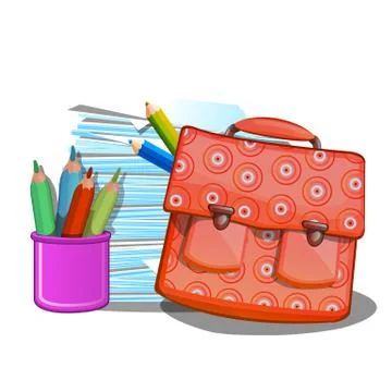 School backpack, notebooks and pencils isolated on white background. Vector Stock Illustration