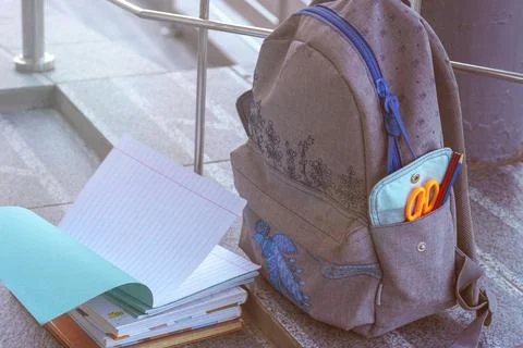 School backpack, notebooks, books close-up. supplies and objects for study. C Stock Photos