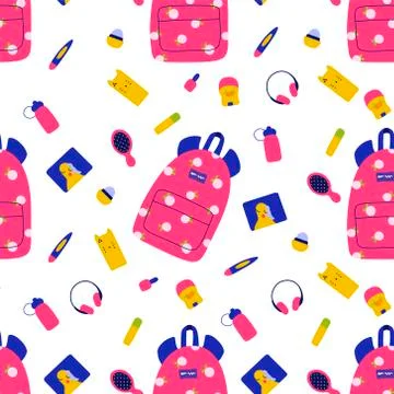 School backpack pattern, Seamless vector texture. School supplies cartoon Stock Illustration