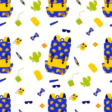 School backpack pattern, Seamless vector texture. School supplies cartoon Stock Illustration