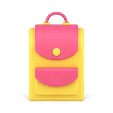 School backpack schoolbag pink yellow design front view realistic 3d icon vec Illustrazione stock
