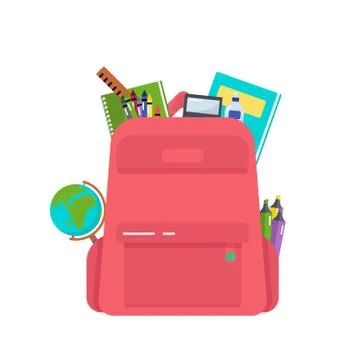 School backpack with stationery on white background Stock Illustration
