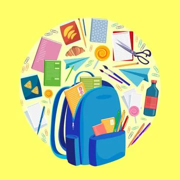 School backpack with study supplies. Back to school. Bright background  Stock Illustration