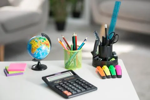 The school backpack is on the table. School supplies 写真素材
