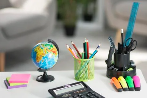 The school backpack is on the table. School supplies 写真素材