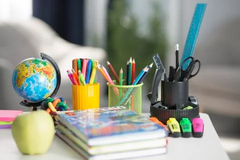 The school backpack is on the table. School supplies 写真素材