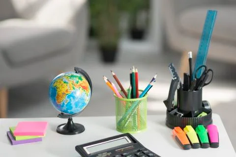 The school backpack is on the table. School supplies 写真素材