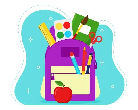 School backpack with various school supplies Stock Illustration