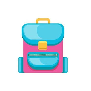 School backpack vector illustration. Bright pink and blue rucksack with front Stock Illustration