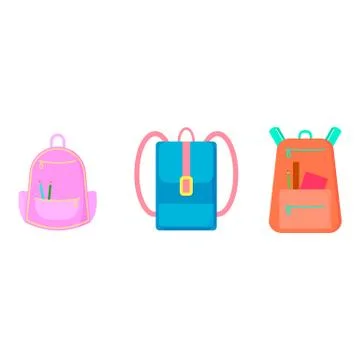 School backpacks. Vector cartoon illustrations. Isolated objects on white. Illustrazione stock