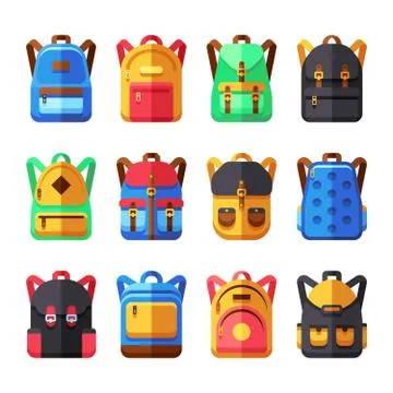 School backpacks vector set. Kids schoolbag flat collection Illustrazione stock
