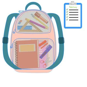 School bag briefcase backpack filled with books, notebooks and other paper media Illustrazione stock