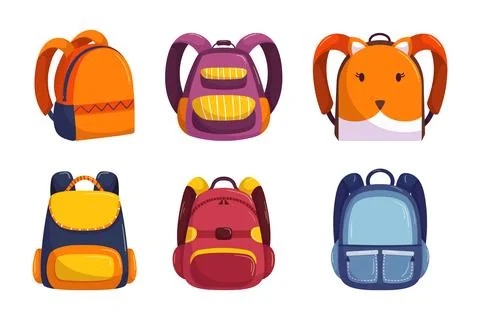 School bag collection in flat hand drawn vector style. Set of different kids Stock Illustration