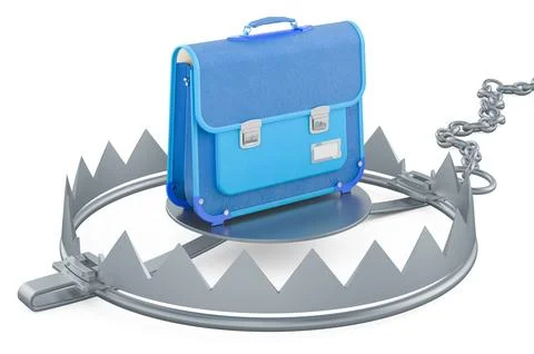 School bag inside bear trap, 3D rendering Stock Illustration