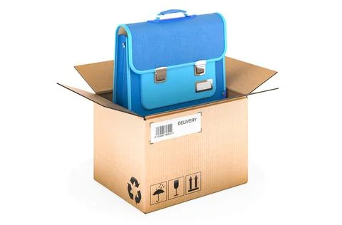School bag inside cardboard box, delivery concept. 3D rendering Illustrazione stock