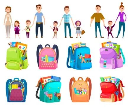 School Bag, Parent with Child, Backpack Vector イラスト素材