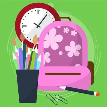 School bag with a pencil case in which the pens and pencils. Watch that show  스톡 일러스트
