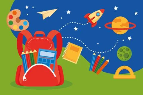 School bag with supplies elements icons イラスト素材