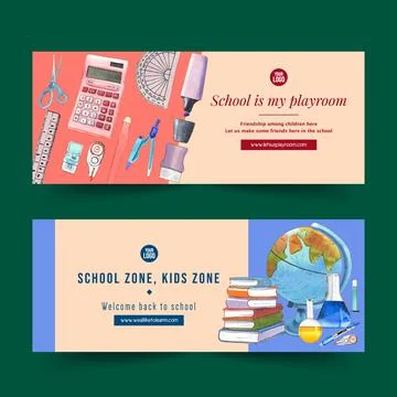 School banner design with ruler, compasses watercolor illustration. Stock Illustration