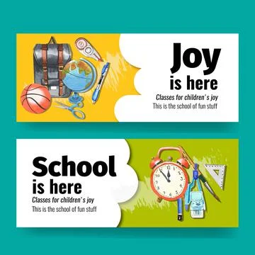 School banner design with school bag, compasses watercolor illustration. Stock Illustration