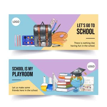 School banner design with stapler, paint brush watercolor illustration. Stock Illustration