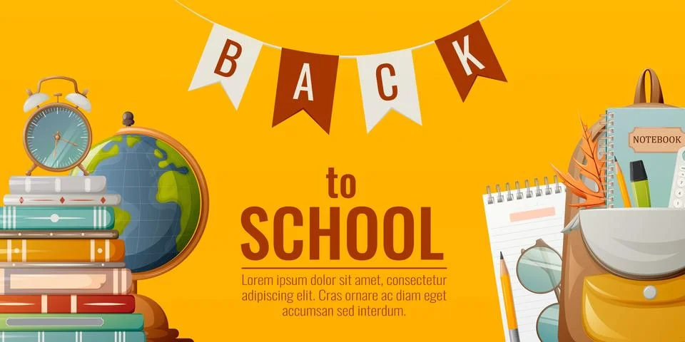 School banner. Desktop globe, stack of books with alarm clock Stock Illustration