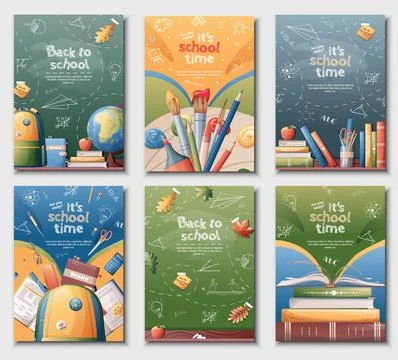 School banners set. Back to school, knowledge, education. Postcard with sch.. Illustrazione stock