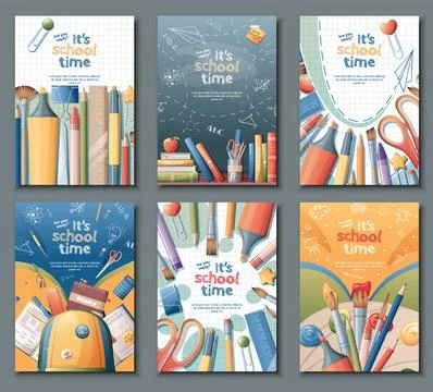 School banners set. Back to school, knowledge, education. Postcard with schoo Stock Illustration