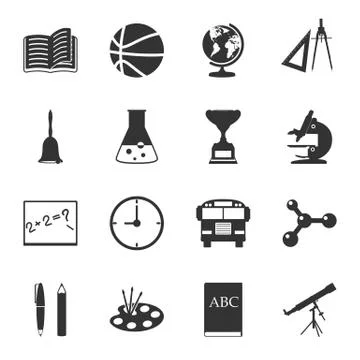 School black and white flat icons set Stock Illustration