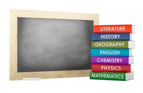 School blackboard and stack of textbooks, 3D rendering Stock Illustration
