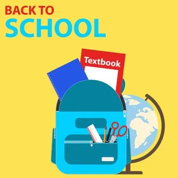 School Blue Backpack Full of Stationery Items and Globe on Yellow Background Stock Illustration