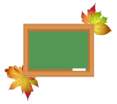 School board on white background with chalk and autumn leaves. Blackboard. Ba Stock-Illustration
