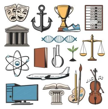 School book, university building, computer icons Ilustración de archivo
