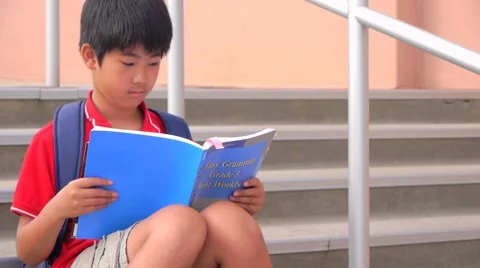 School boy with backpack and book Stock Footage 7732215