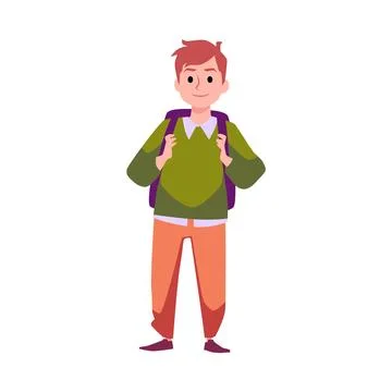 School boy with backpack, flat vector illustration isolated on white background. Stock Illustration
