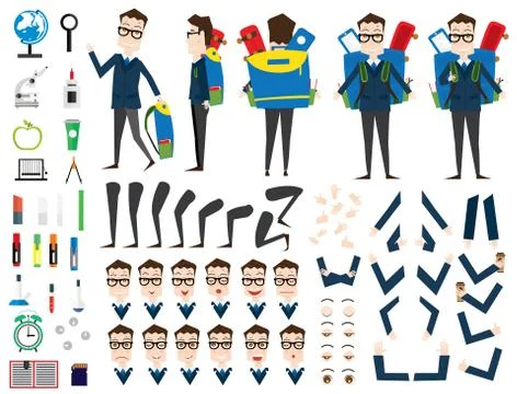 School Boy Character Animation Set. Front, Back, Side View. Different Emotion Stock Illustration