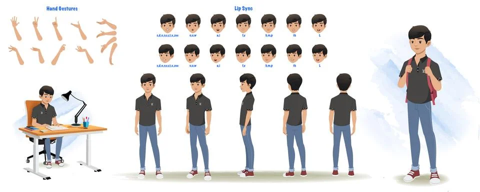 A School boy character model sheet. Student creation set. Male turnaround sheet Stock Illustration
